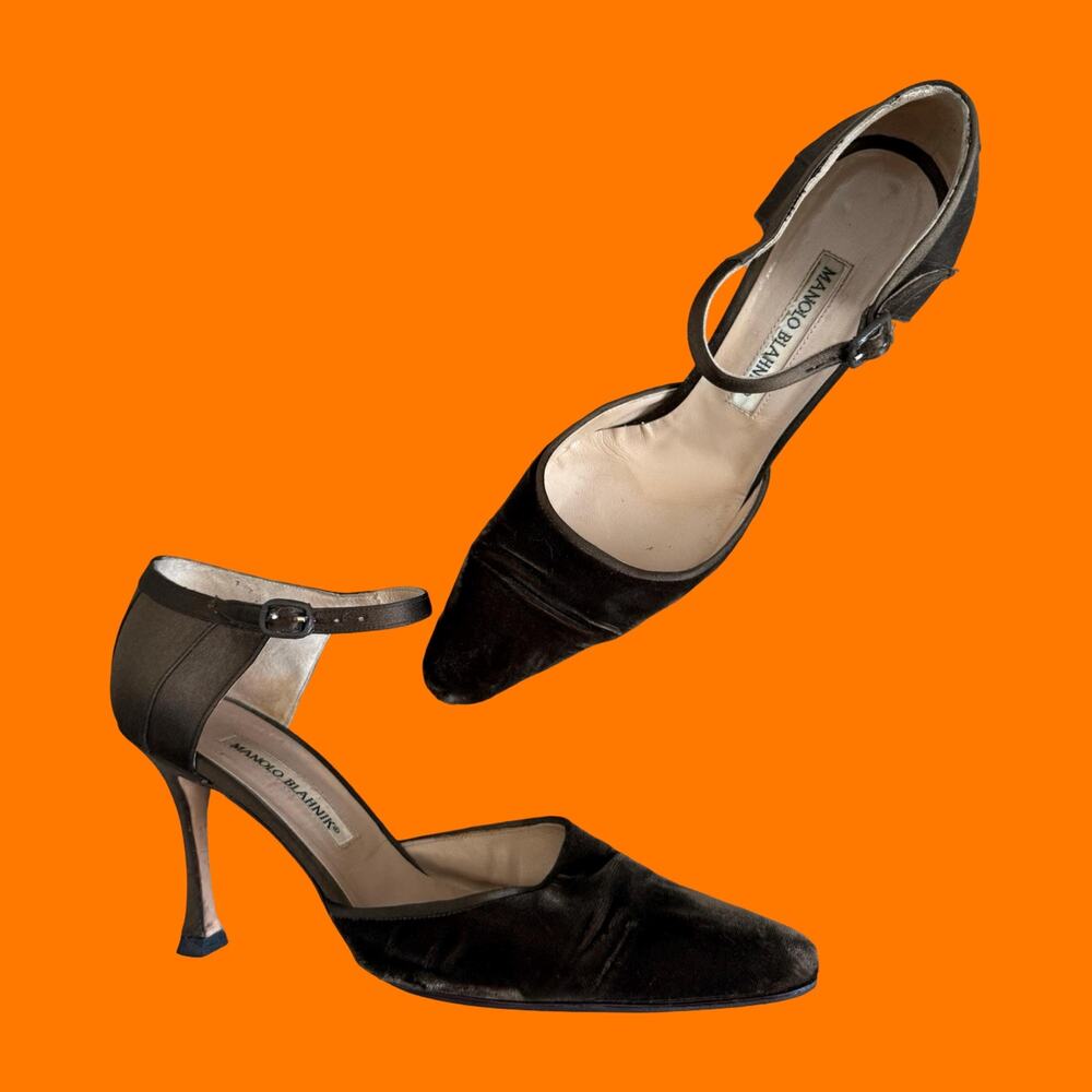 90's 00's vintage brown satin velvet pointy y2k heels EU 38 1/2 Manolo Blahnik